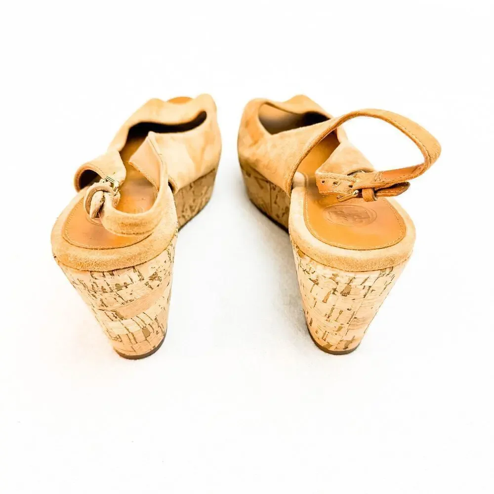 Tory Burch Tan Suede Peep Toe Wedge Slingback Sandals Size 8